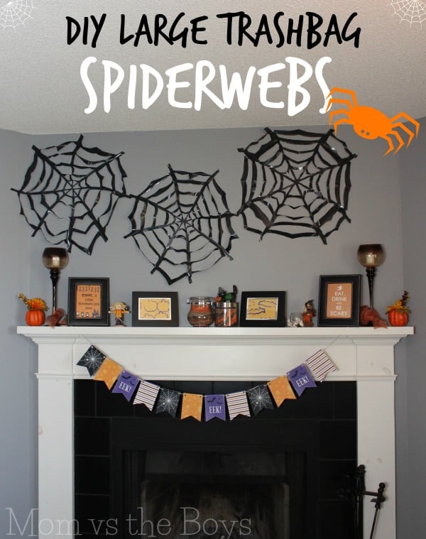 trash bag spiderwebs for Halloween