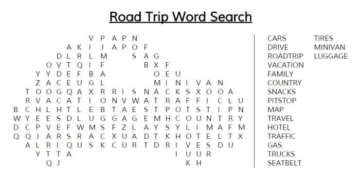 Road Trip Word Search for kids