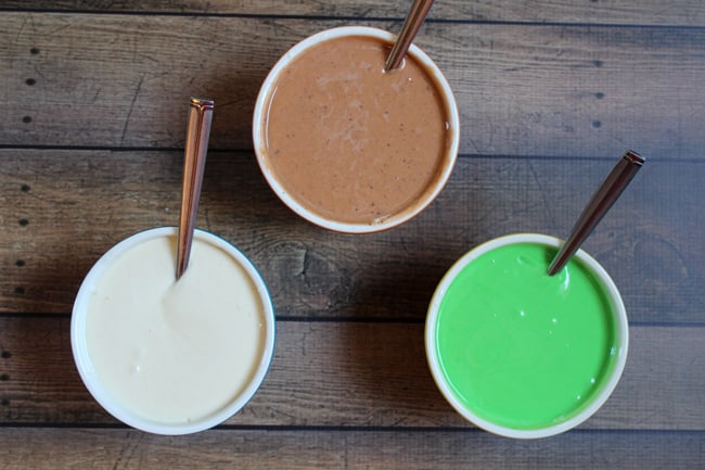 cake batter in green, brown and white