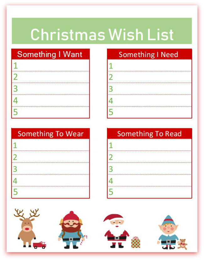 Christmas Wish List Printable: Want, Need, Wear, Read - Overstuffed Life