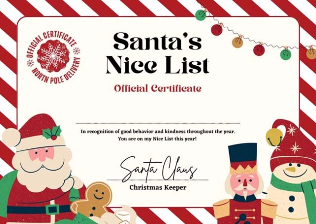 Free Printable Nice List Certificate from Santa!